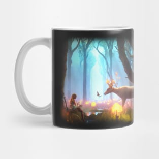 Girl in magical forest surrounded by animals Mug